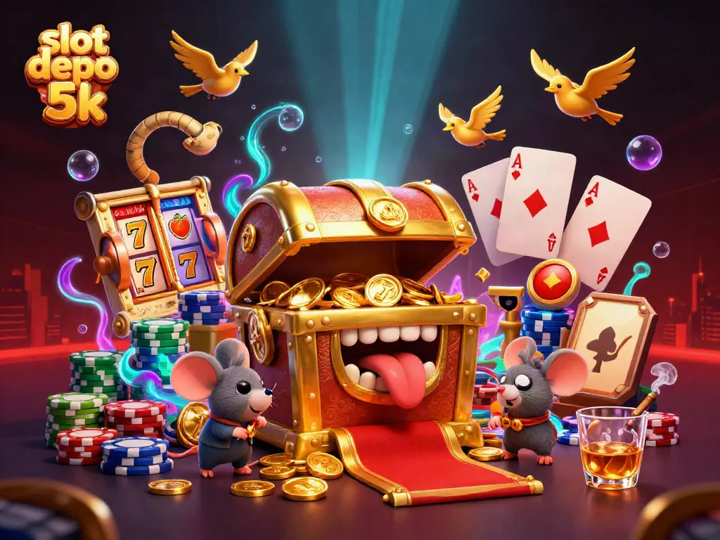 Experience thrilling gameplay with slot depo 5k, featuring vibrant slot reels and golden treasures.