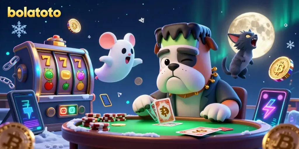 Engage with bolatoto through a lively 3D casino scene featuring unique characters like a Frankenstein bulldog and a ghost mouse.