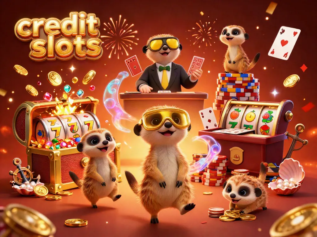 Discover exciting credit card slots in a lively meerkat casino scene filled with gaming action.