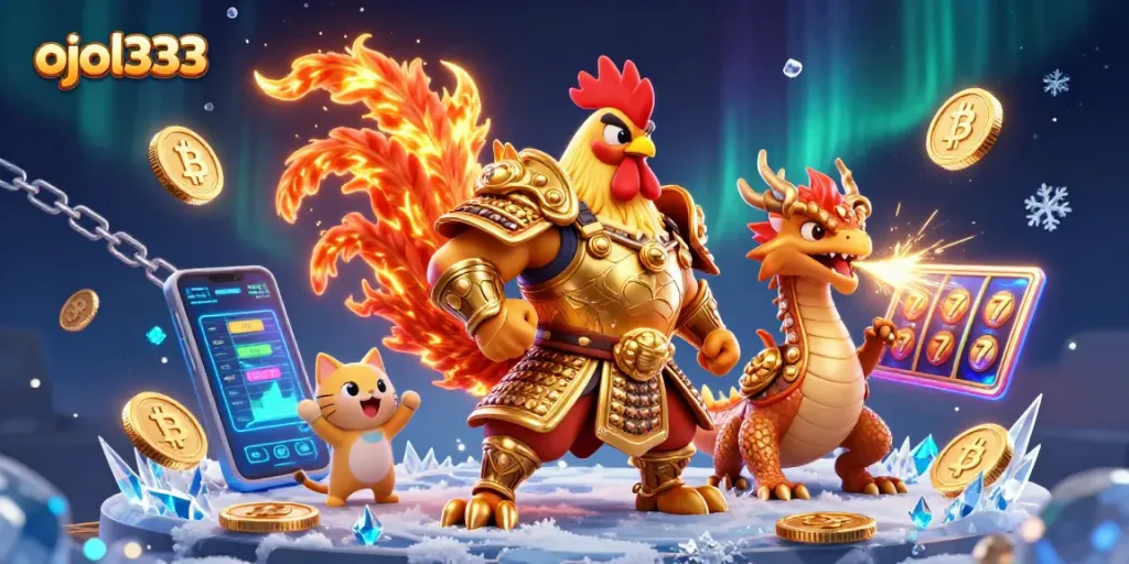 Engage in thrilling gameplay with ojol333 amidst vibrant casino elements, featuring a golden samurai warrior and dragon.