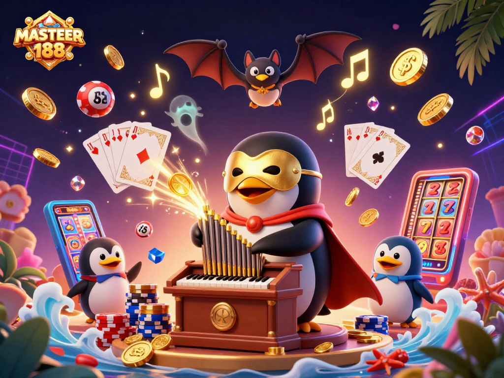 Experience the excitement of MASTER188 with a vibrant 3D illustration of a casino scene featuring whimsical characters and dynamic game elements.