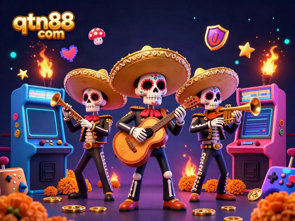 Play interactive games at qtn88 com with a vibrant mariachi band in a lively casino scene.