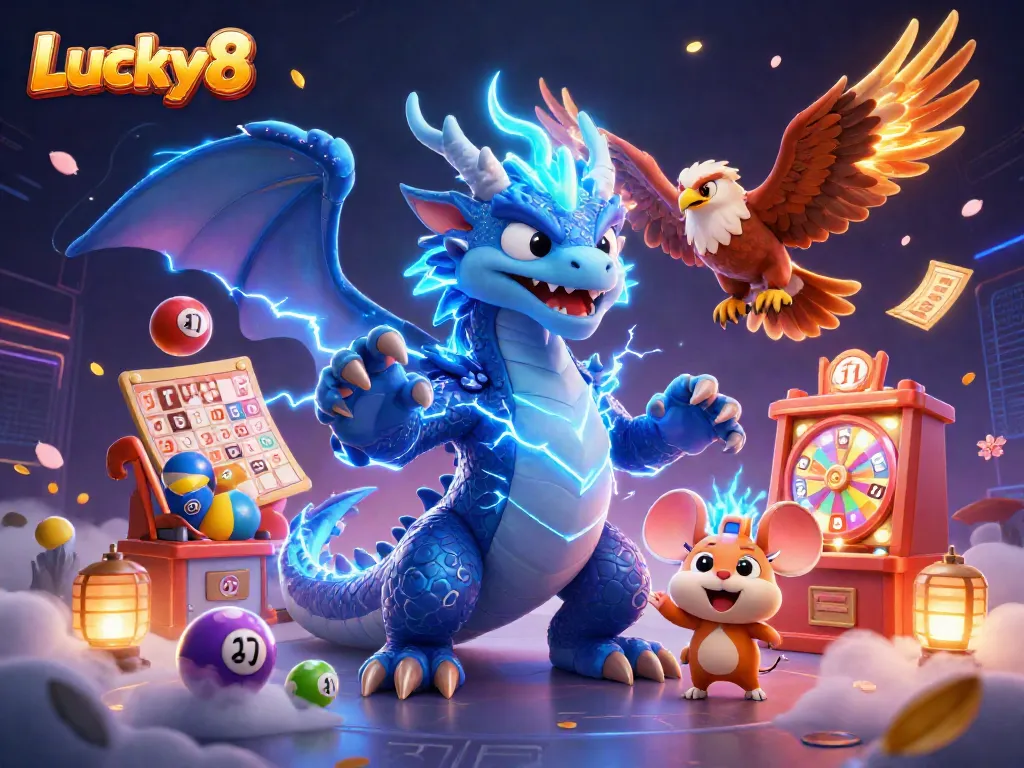 Experience thrilling excitement with Lucky8, featuring dynamic characters and colorful lottery elements.