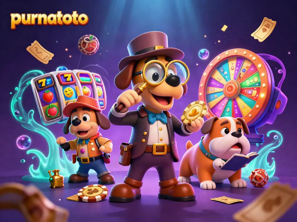 Menangkan jackpot di purnatoto dengan karakter detektif yang mencari petunjuk permainan slot gacor dalam suasana ceria.