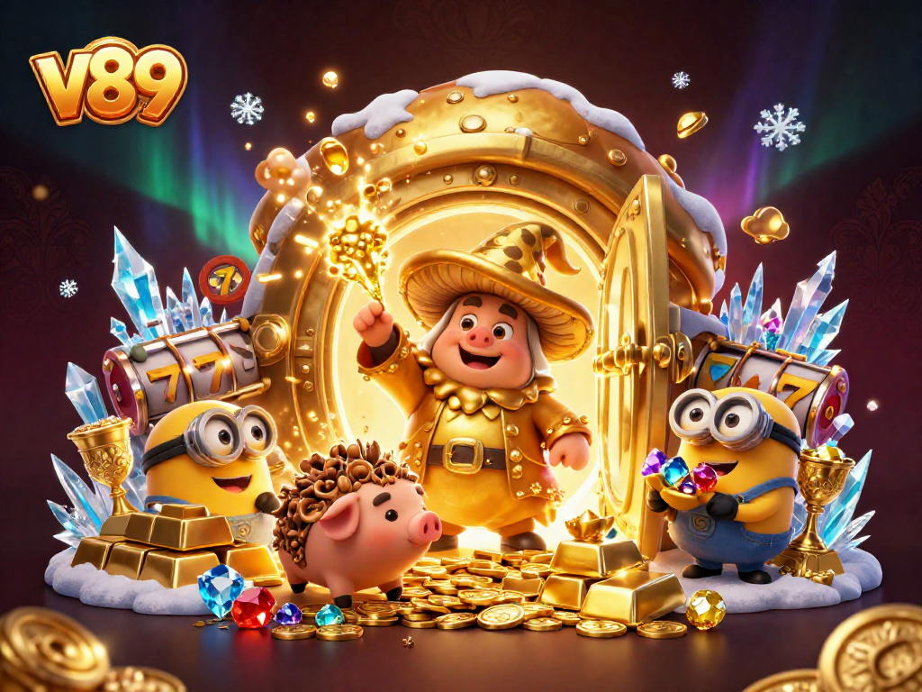 Gambar ilustrasi 3D v89 dengan karakter sihir cendawan, babi truffle, menampilkan suasana kasino yang kaya harta