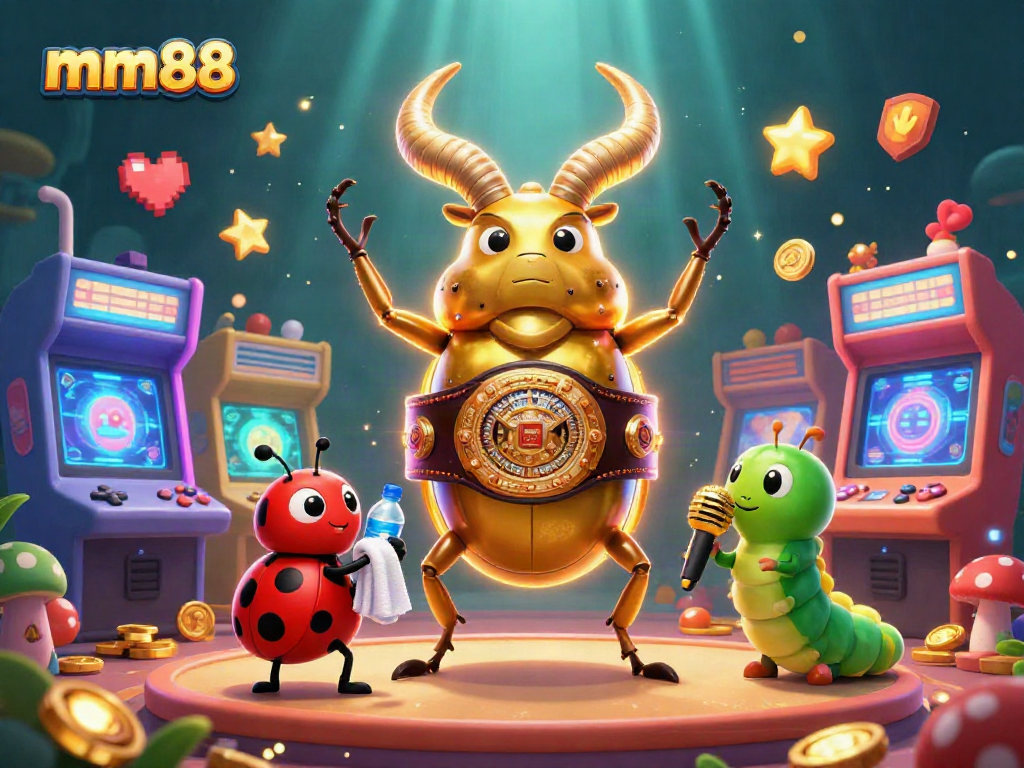 mm88 showcases a vibrant casino gaming scene with a giant stag beetle and ladybug characters.