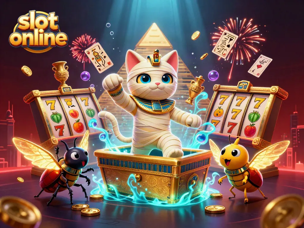 Permainan slot online menghadirkan kucing mumi Mesir 3D yang menarik dengan elemen kasino emas dan simbol keberuntungan.
