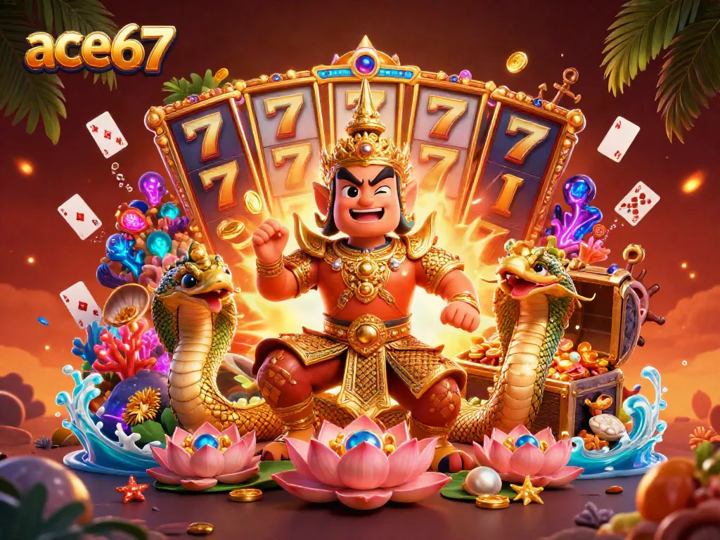 Experience exciting gameplay with ace67, featuring vibrant slot reels and dynamic casino characters.