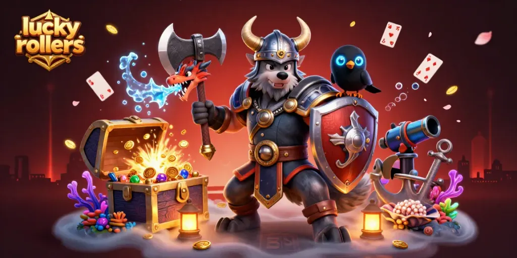 Immerse in lucky rollers action with 3D Viking, fierce dragon, and treasures bursting in a vibrant crypto casino.