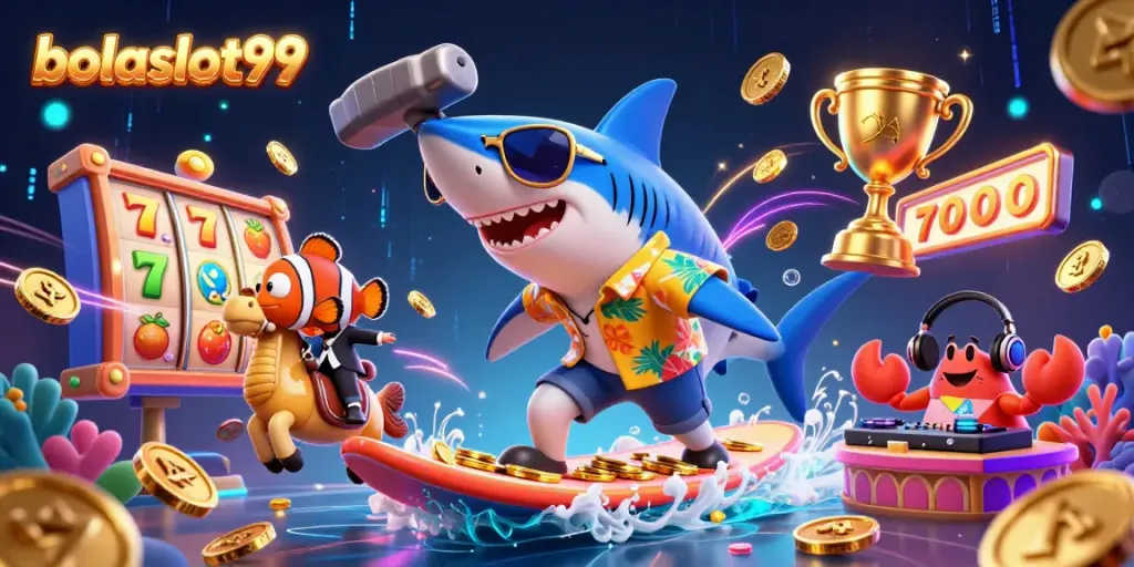 Spin the reels at bolaslot99 while a shark surfs on coin waves, bringing high-energy thrills!