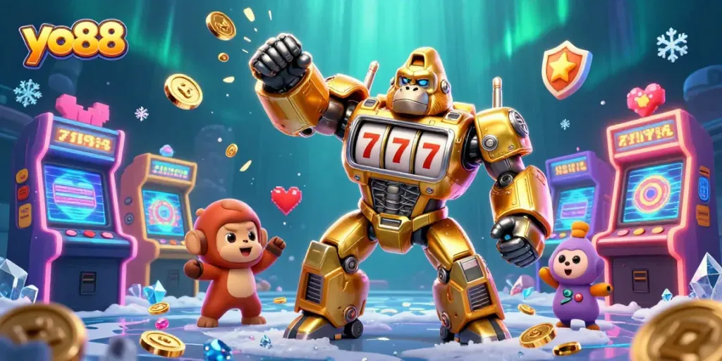 Engage with exciting yo88 casino adventures through this dynamic 3D arcade and gaming scene.