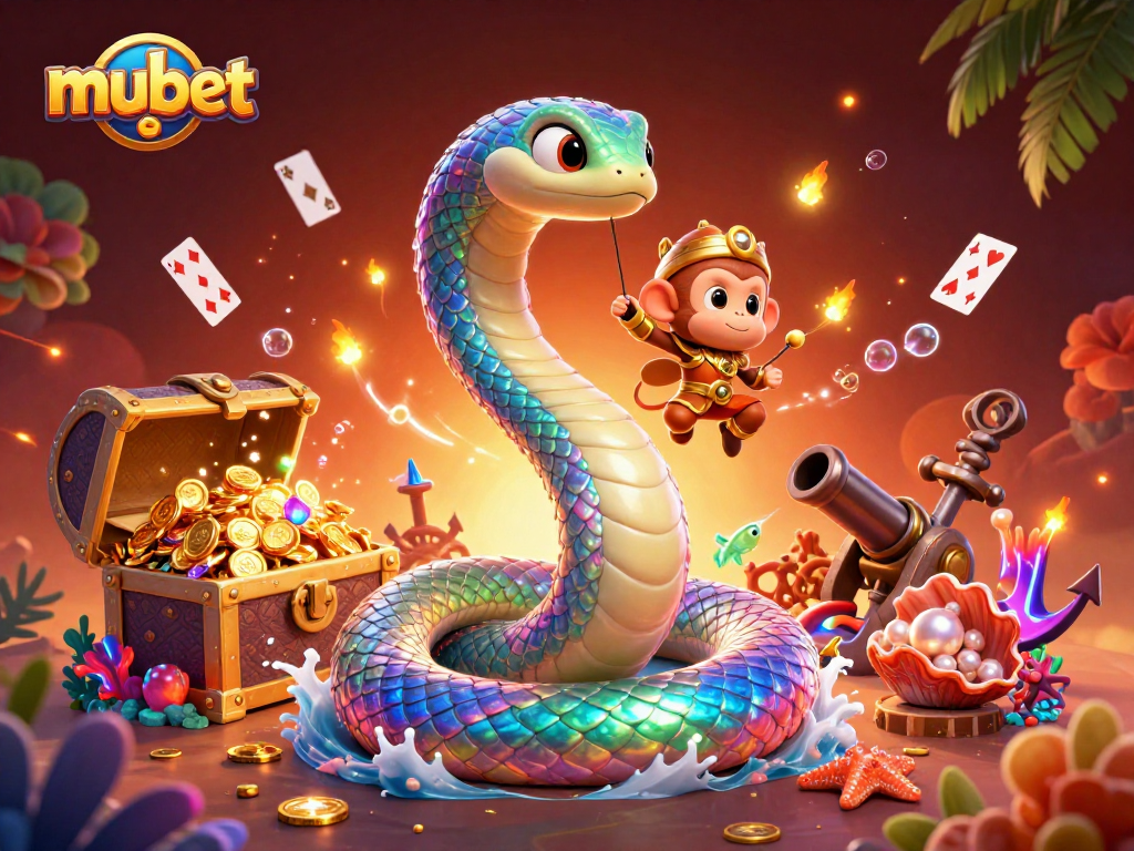 Join the adventure with mubet in a vibrant 3D casino scene featuring a radiant rainbow serpent and playful monkey king.