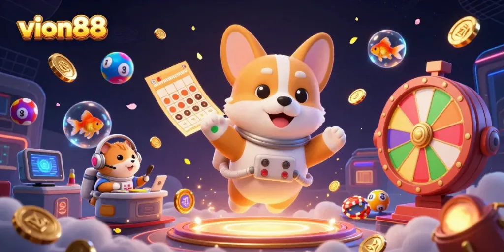 Experience the fun at VION88 with vibrant casino elements and animated characters.