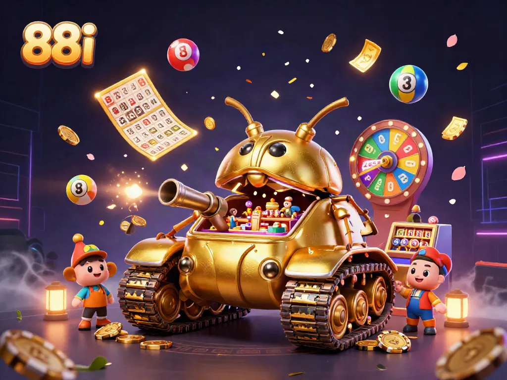 Engage in thrilling gameplay at 88i with vibrant casino scenes featuring lottery balls, golden tickets, and dynamic prize wheels.