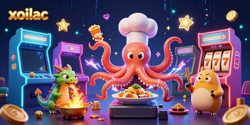 Engage with xoilac as a vibrant 3D scene showcases exciting casino elements and characters.