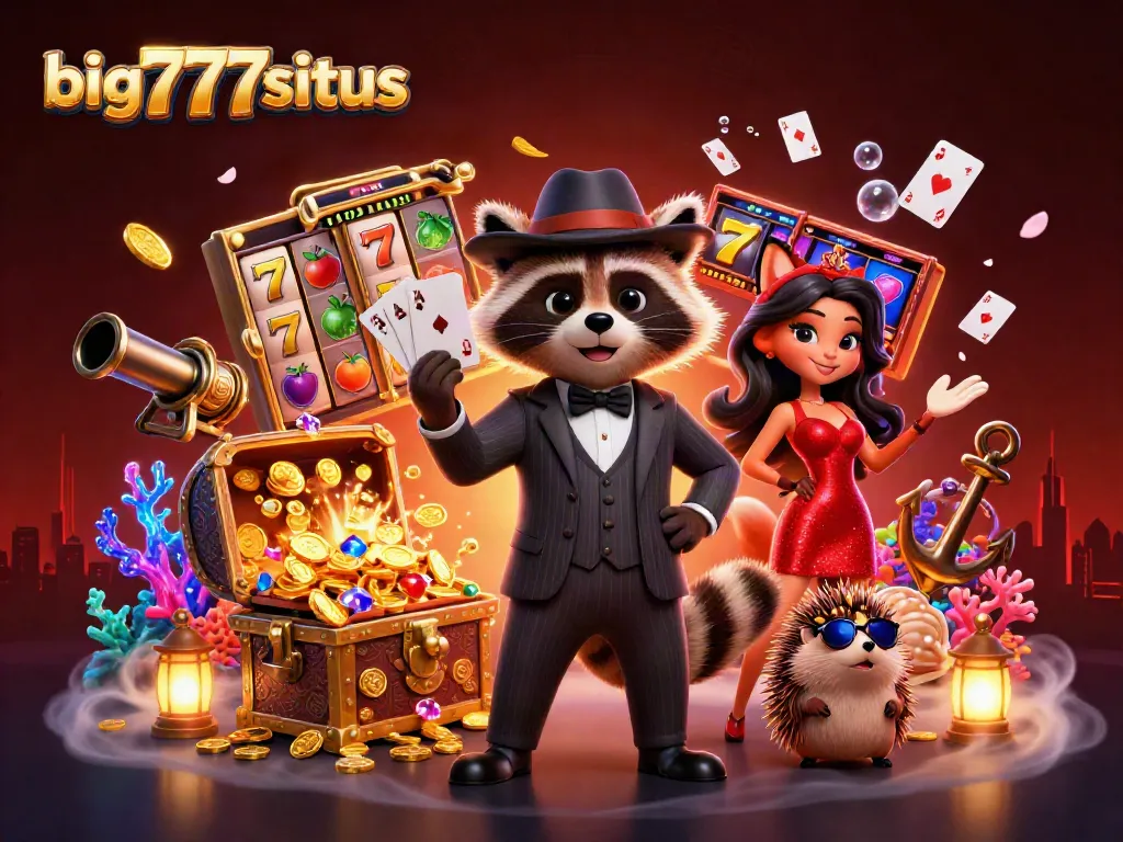 Experience big777situs with a suave raccoon and companions amid slot reels in a vibrant casino scene.