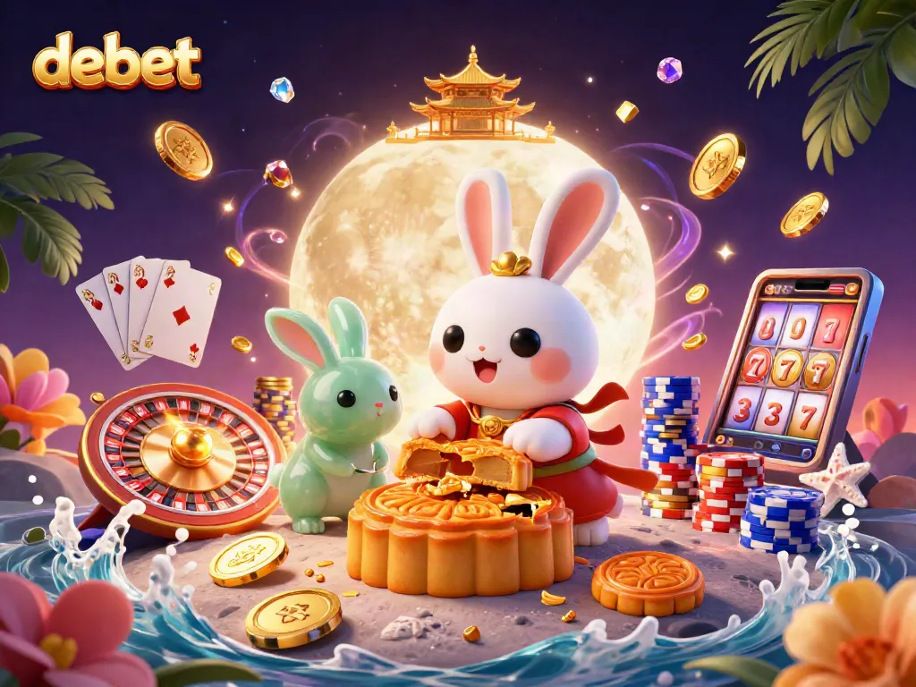 Experience winning with debet at a vibrant online casino featuring a 3D cartoon moon rabbit and gaming elements.