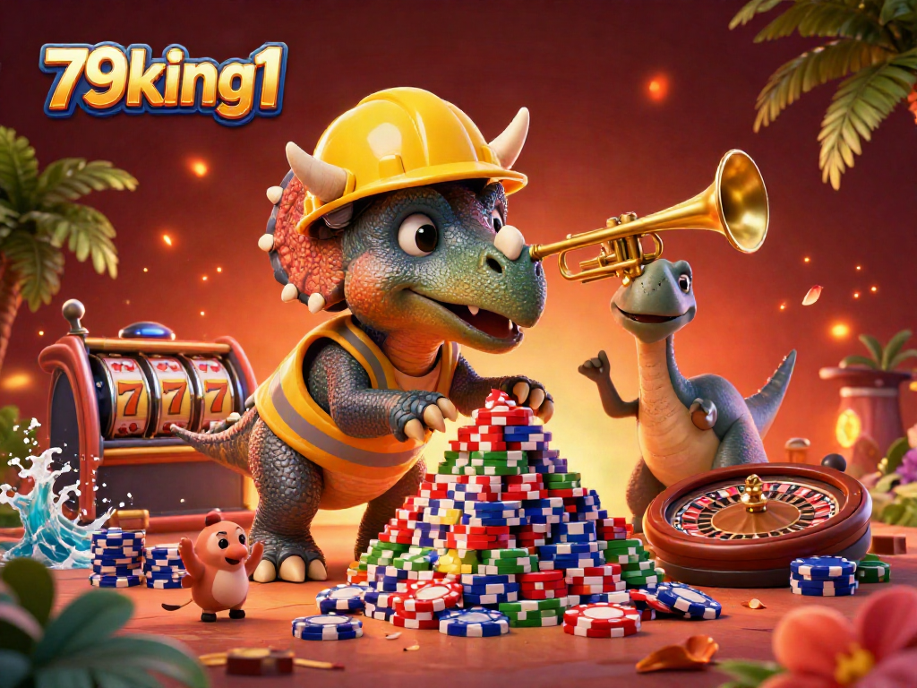 Engage with the vibrant 79king1 casino scene featuring a triceratops building poker chips amidst dynamic gaming elements.