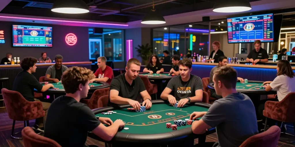 Engaging crypto casino scene showing players enjoying poker with Bitcoin chips.