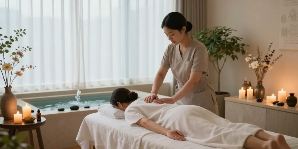 Relaxing 서울출장안마 treatment in a tranquil spa room with natural elements.