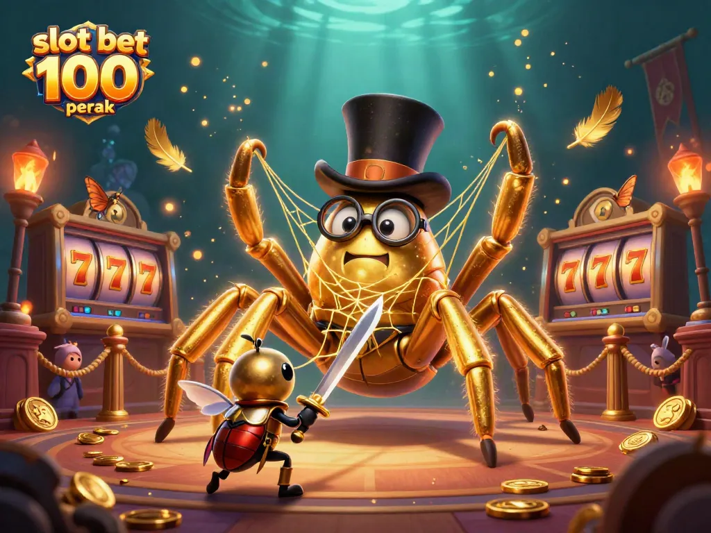 Engage with slot bet 100 perak in this playful 3D illustration of a giant golden tarantula and beetle knight.