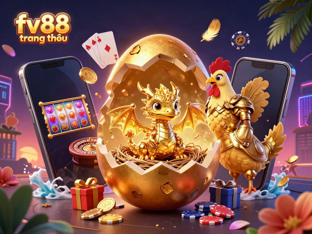 Experience the thrilling adventures of fv88 trang chủ as golden elements and casino games come to life in this detailed 3D illustration.