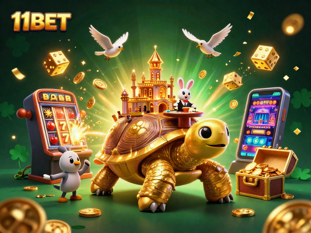 Experience the excitement of 11BET with a vibrant casino scene featuring a golden tortoise and a rabbit dealer