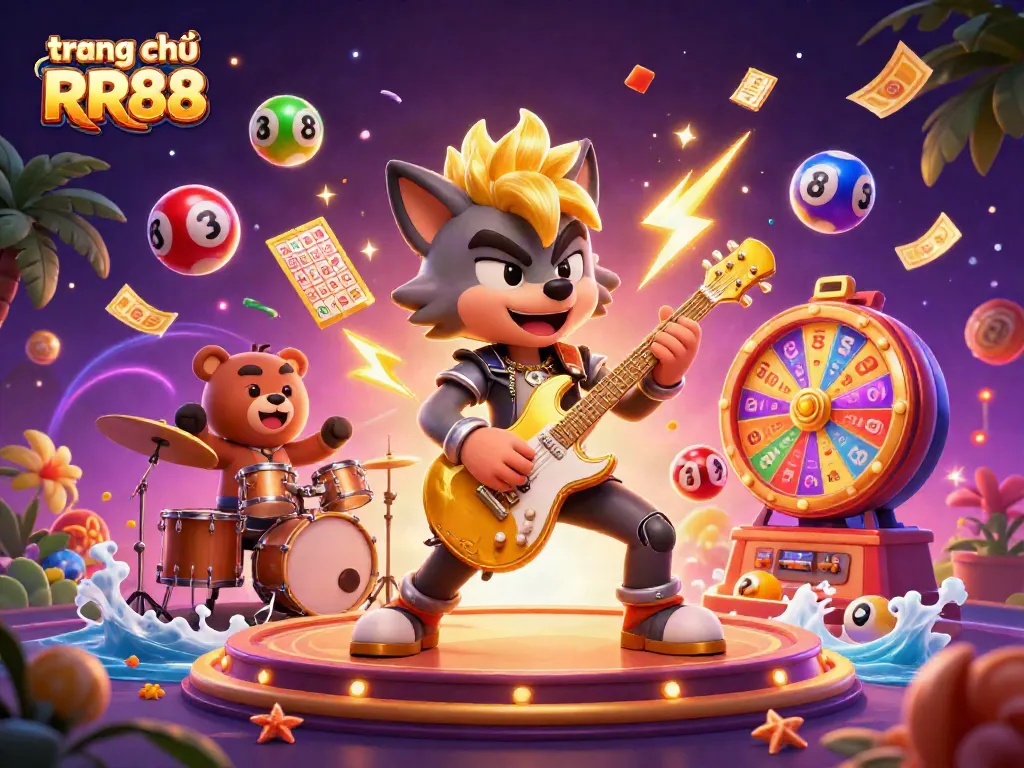 Experience the excitement at trang chủ RR88 with a vibrant casino scene featuring a rock star wolf and dynamic game elements.
