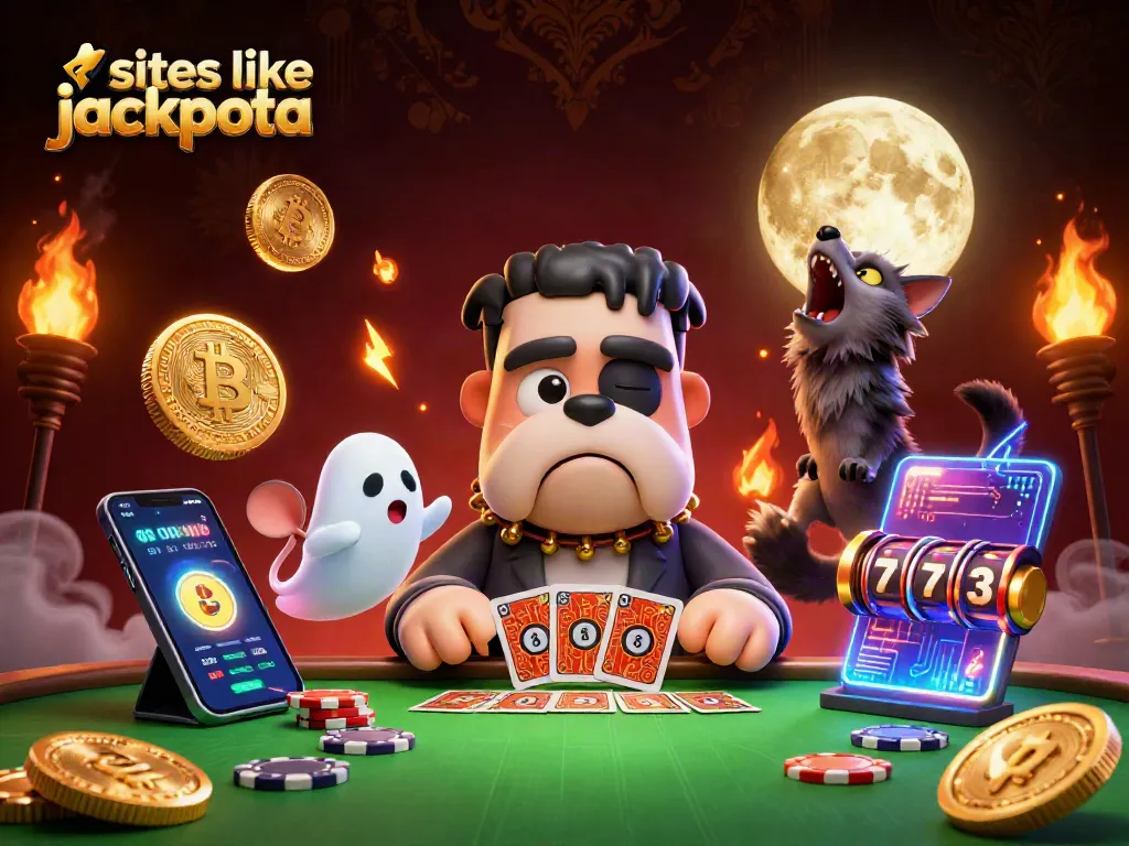 Engage in exciting gameplay at sites like jackpota with this vibrant casino illustration featuring a Frankenstein bulldog and whimsical elements.