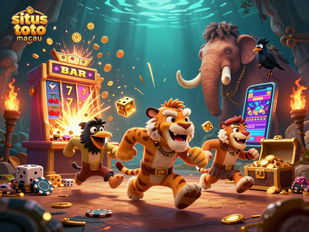 Gambar situs toto macau dengan kasino prasejarah, slot besar, dan elemen jackpot yang meriah.