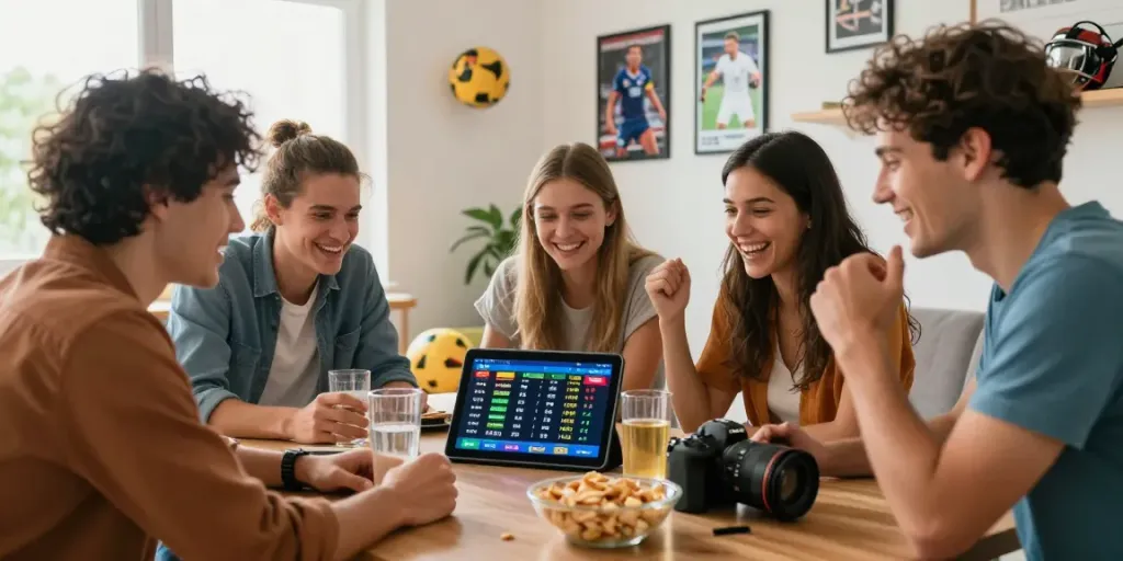 Friends enjoying sports betting at home while engaging with statymuzona.lt for updates.