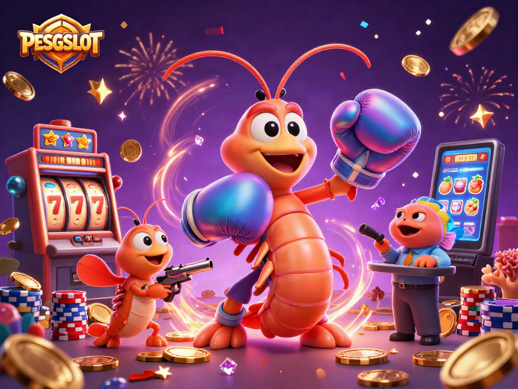 PESGSLOT menggabungkan udang mantis 3D dengan mesin slot dan koin emas yang bersinar.