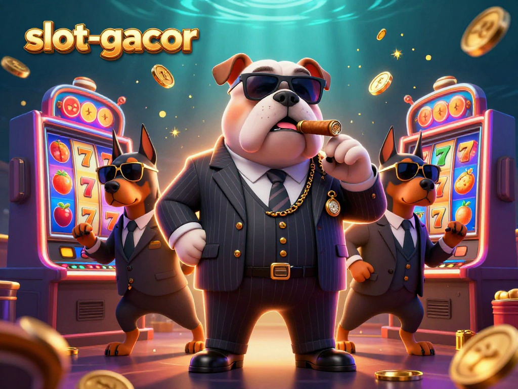 Experience the thrill of slot-gacor with a 3D mafia bulldog and slot machines in a vibrant casino scene.