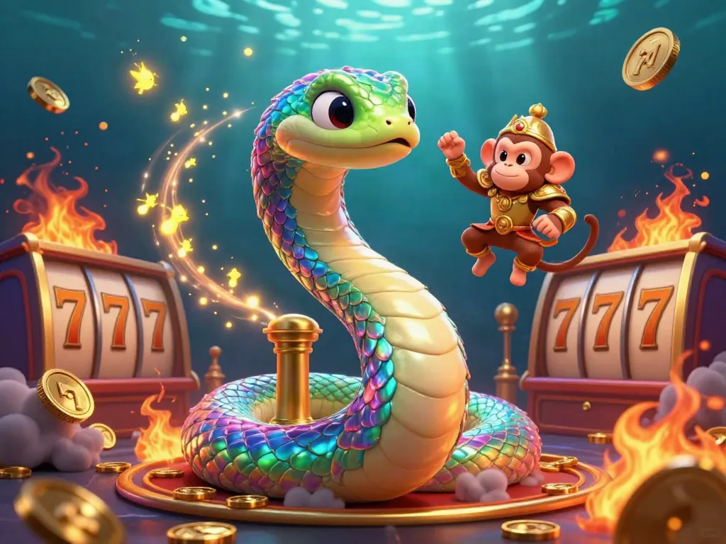Experience the thrill of IDQQ88 with this vibrant 3D illustration featuring a playful monkey king and rainbow serpent in a casino setting.