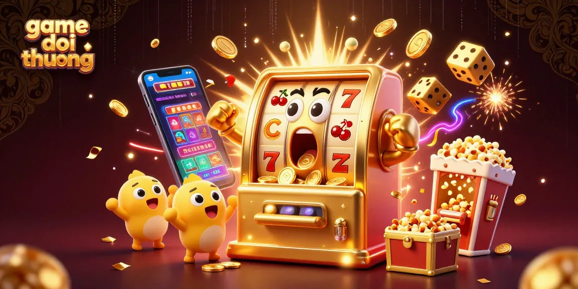 Experience excitement in game doi thuong as the golden slot machine hits a jackpot surrounded by cheering machines!