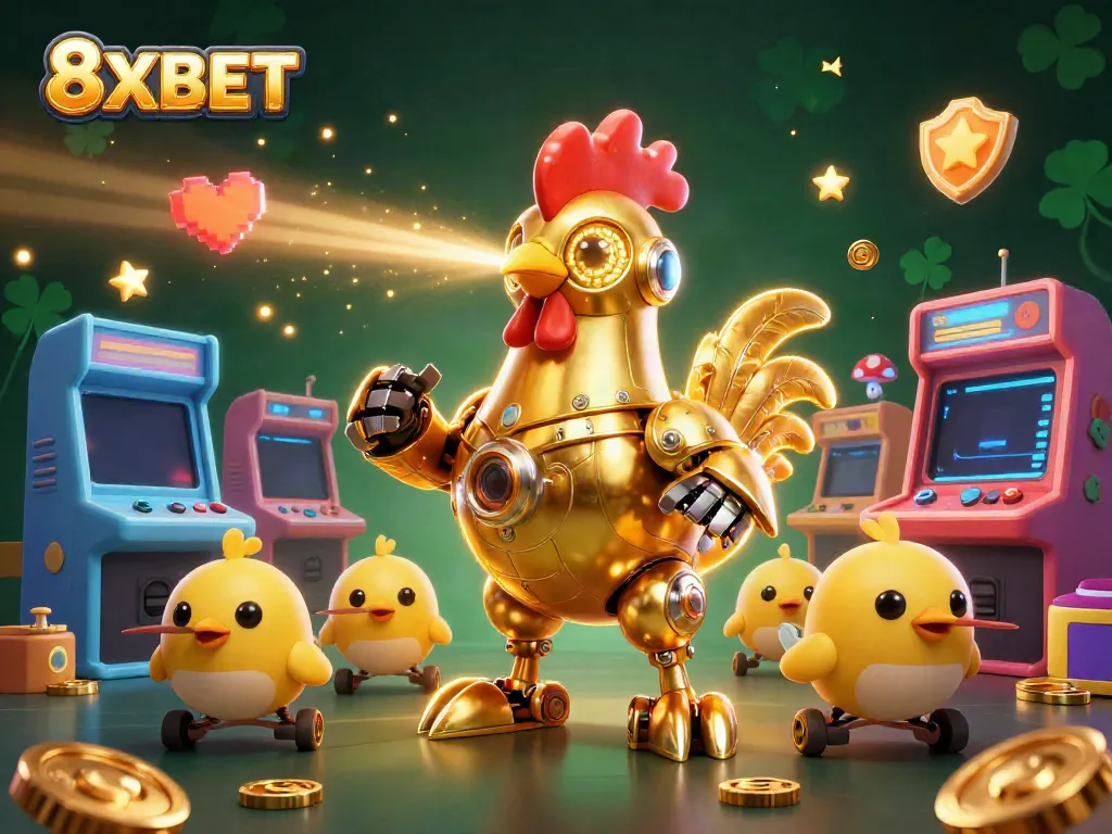 Engage with 8XBET's thrilling gaming experience illustrated by a dynamic scene with a golden rooster robot and arcade elements.