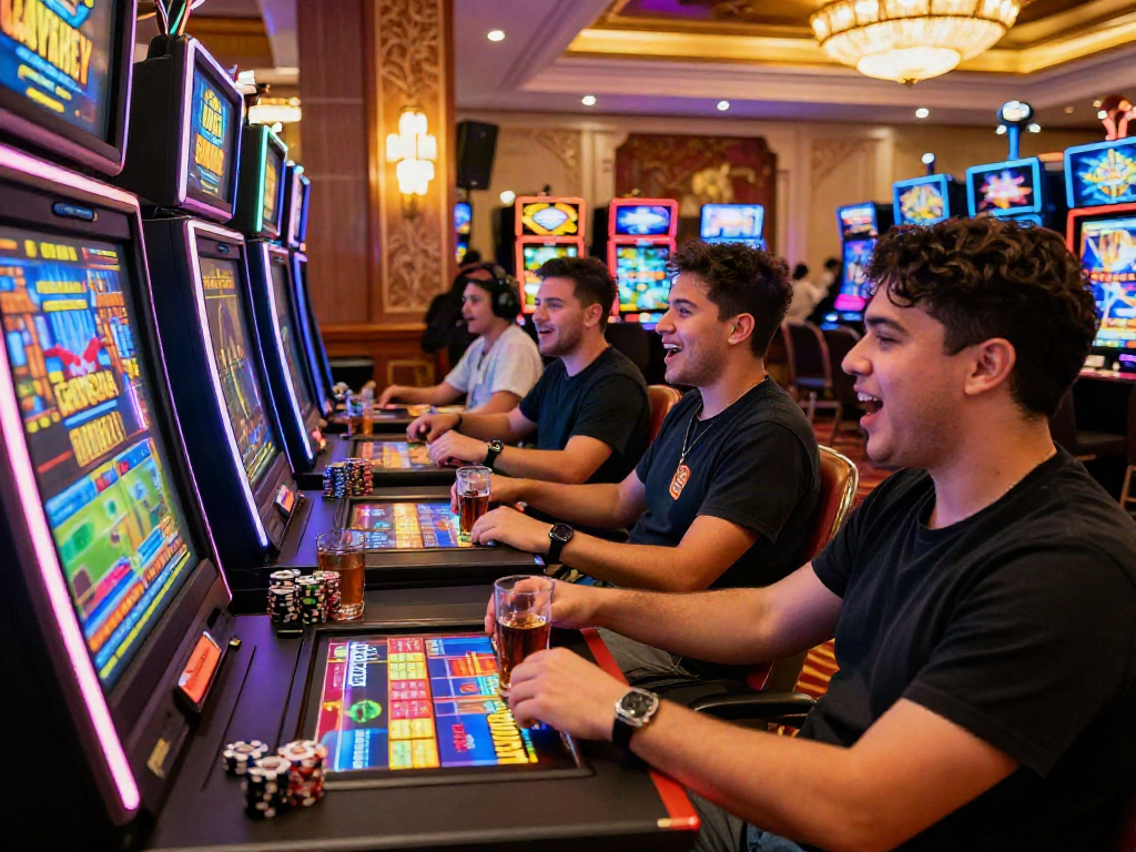 Excited gamers engaging with slot gacor machines, vibrant casino atmosphere, dynamic lighting.