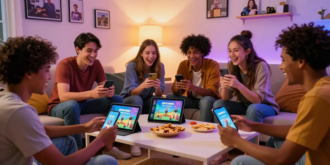 Friends enjoying 3 Patti World app, play free with laughter and snacks.
