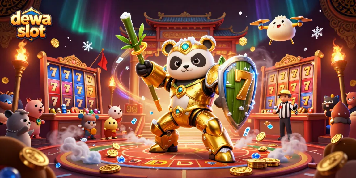 Mengelola dewa slot yang menang dengan spin slot penuh warna dan karakter panda emas futuristik