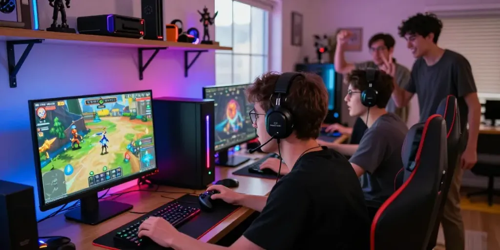 Gamer serius bermain diana4d dalam suasana ruang cerah dengan lampu LED berwarna.