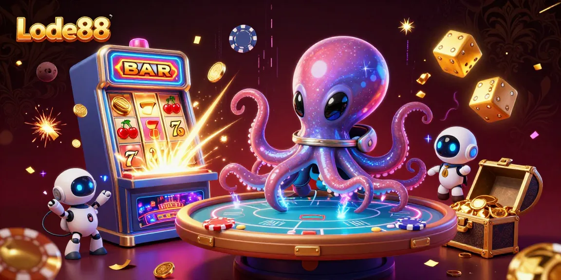 Experience the thrill of Lode88 with a lively 3D scene featuring an octopus gaming at a poker table.