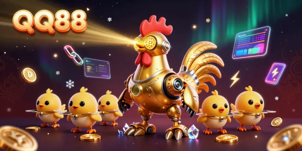 Experience QQ88's vibrant gaming universe with an ultra-detailed scene featuring a golden rooster robot and crypto elements.