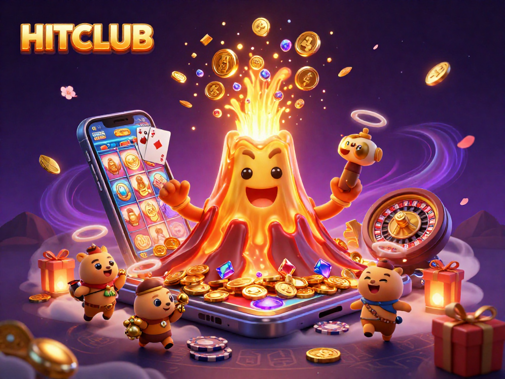 Experience HITCLUB's thrilling treasures as golden coins erupt from a jubilant volcano in a vibrant casino scene.