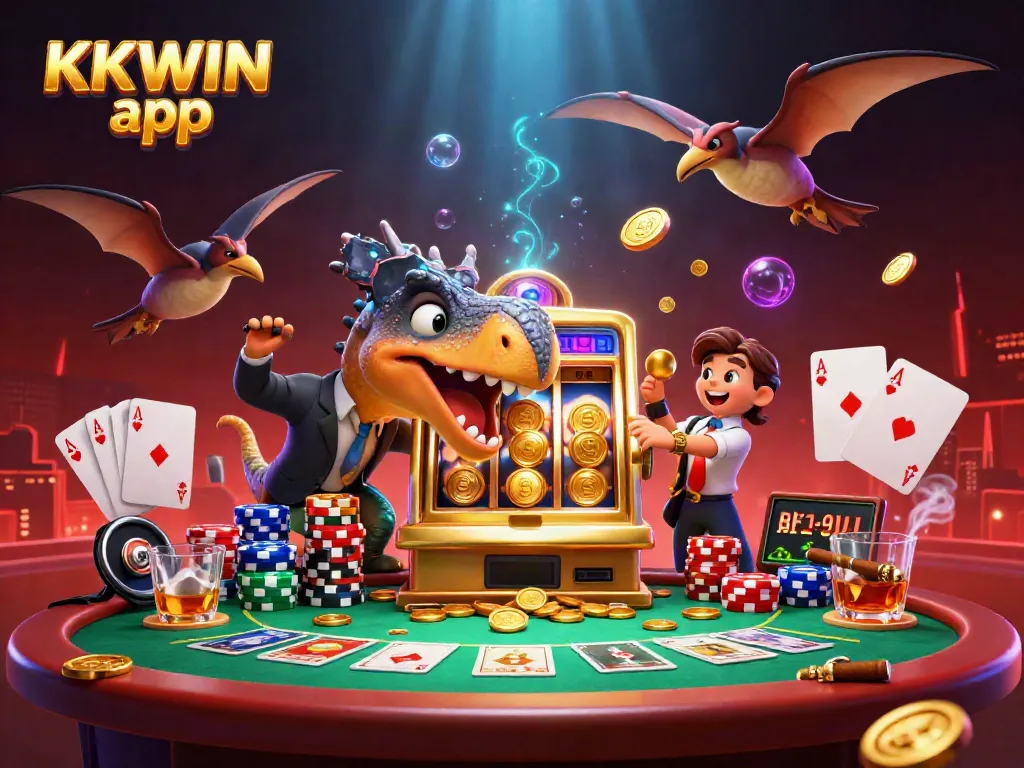 Experience the excitement of the KKWIN app with this dynamic 3D casino scene featuring thrilling characters and jackpot winnings.