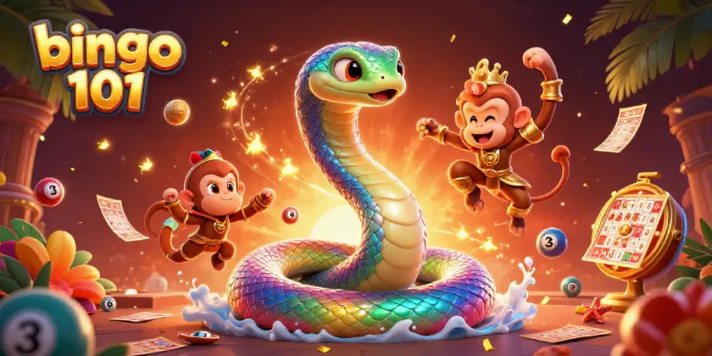 Experience the thrill of bingo 101 with vibrant bingo balls and magical characters in a dynamic scene.