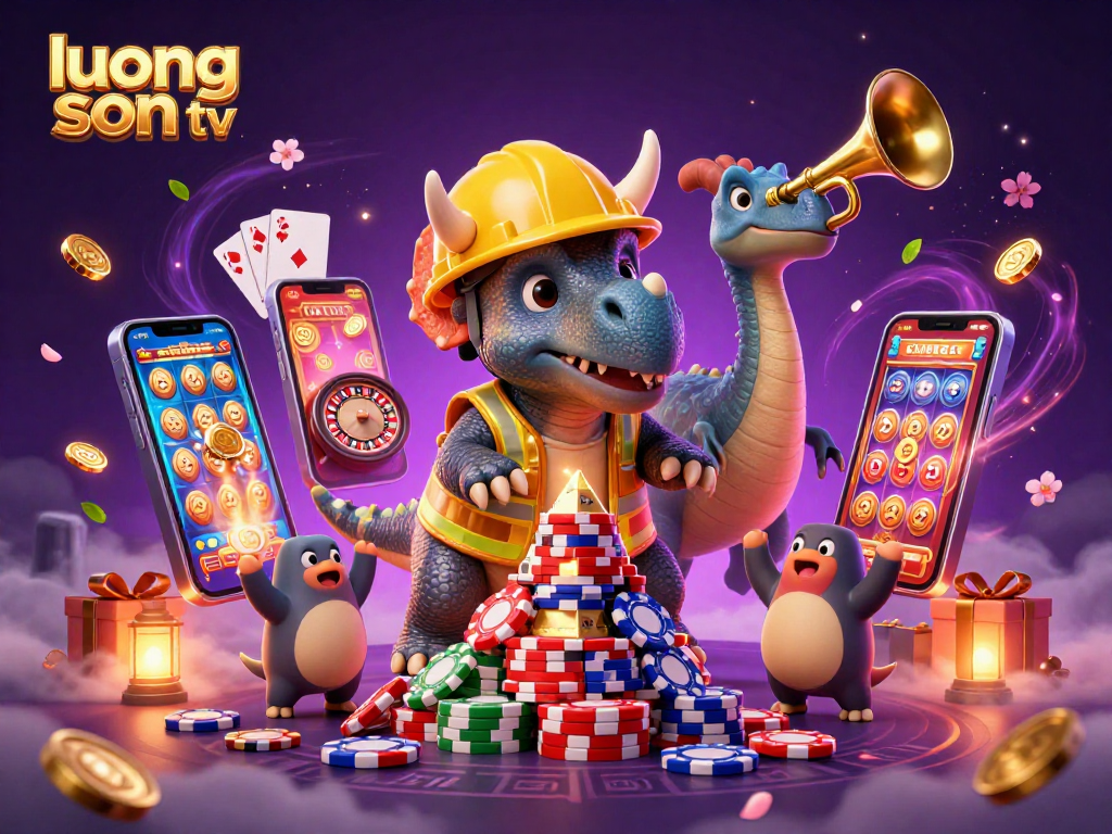 Join the excitement at luong son tv with a triceratops building poker chips amidst dynamic gaming elements.