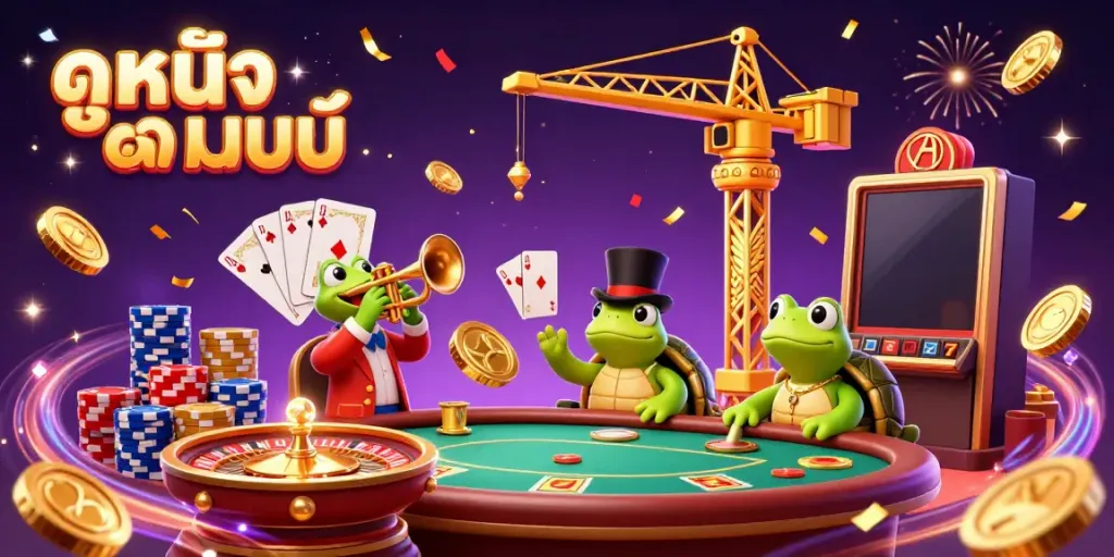 Experience ดูหนังออนไลน์ in style with a vibrant casino scene featuring cartoon characters and treasures.