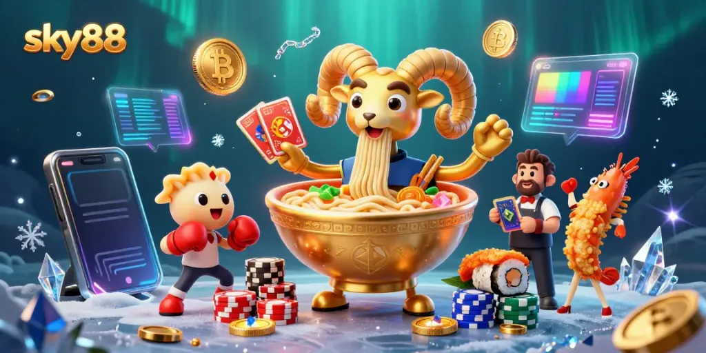 Engage with exciting games at sky88 in a vibrant casino scene featuring animated food characters and crypto elements.