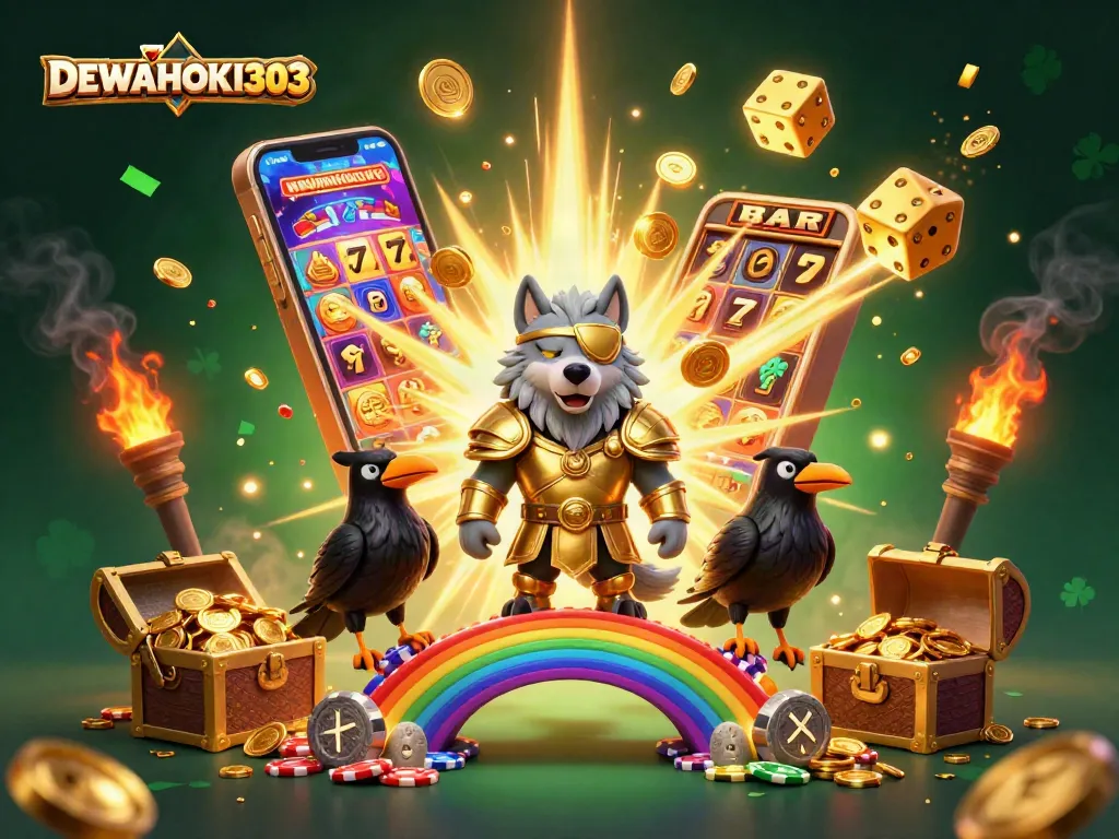 Menangkan hadiah di DEWAHOKI303 dengan simbol slot dan jackpot bersinar.
