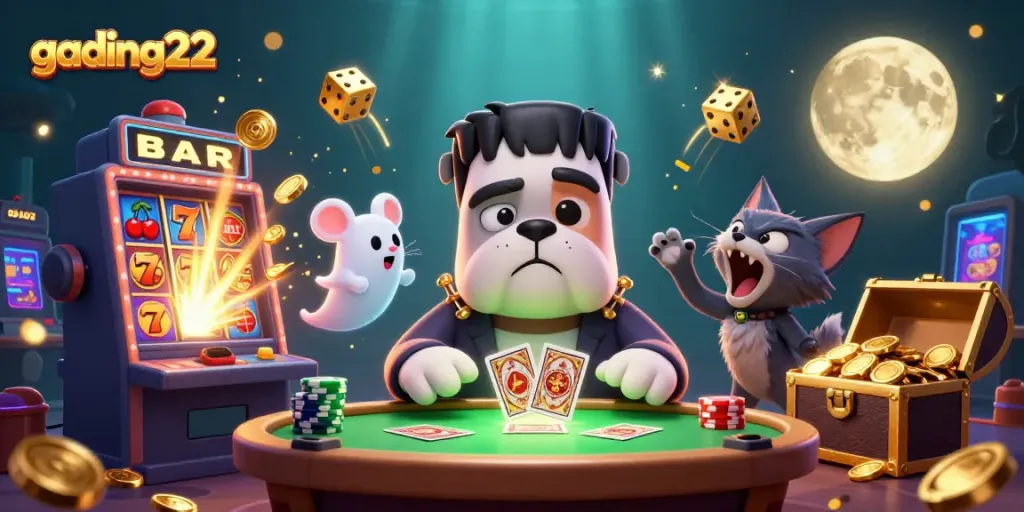 Engage in thrilling casino action with gading22 featuring unique characters at a festive gaming table.